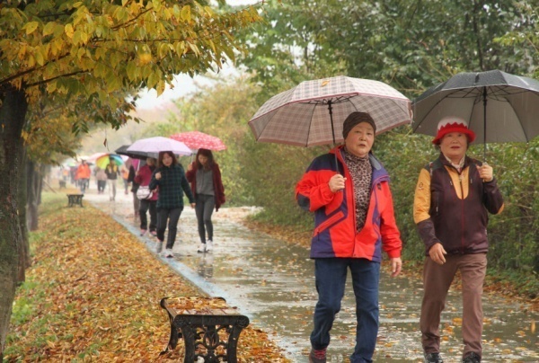 참가자들이 가을비 속에서 동진천 산책로를 걷고 있다.